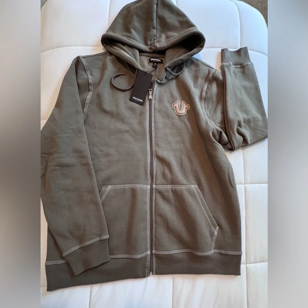 True Religion Mens Olive Zip Up Long Sleeve Pockets Fleece Hoodie Size 2XL